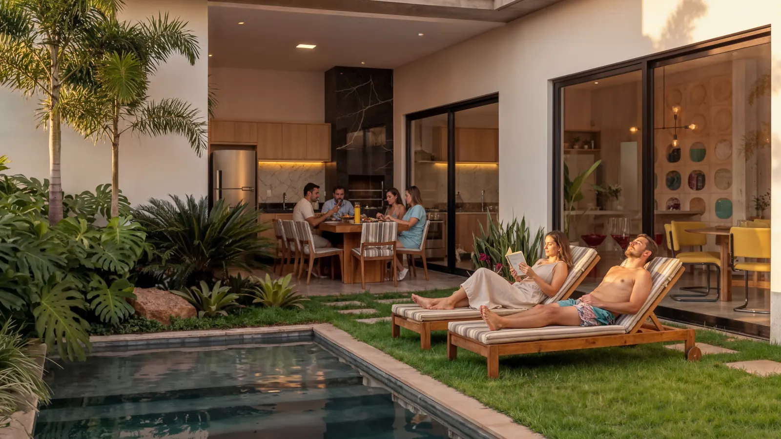 Render da área de lazer ao entardecer, com a família na piscina e o jantar posto